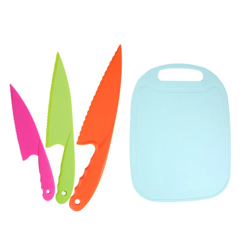 Набор детских ножей из 4 предметов, безопасные кухонные ножи с разделочной доской для фруктов, хлеба, торта, салата и салат