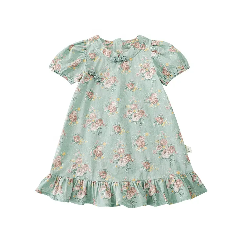 100% Puro Algodão Verão Bebê Meninas Estilo Chinês sapo Vestidos de Alta Qualidade Atacado Floral Digital Print Kids Dress Clothing