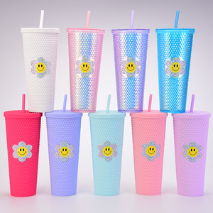 Ayı kafa saman fincan paslanmaz bardak kolu ile çift duvar-plastik-tumblers-saman ile 16oz 24oz çivili tumblers