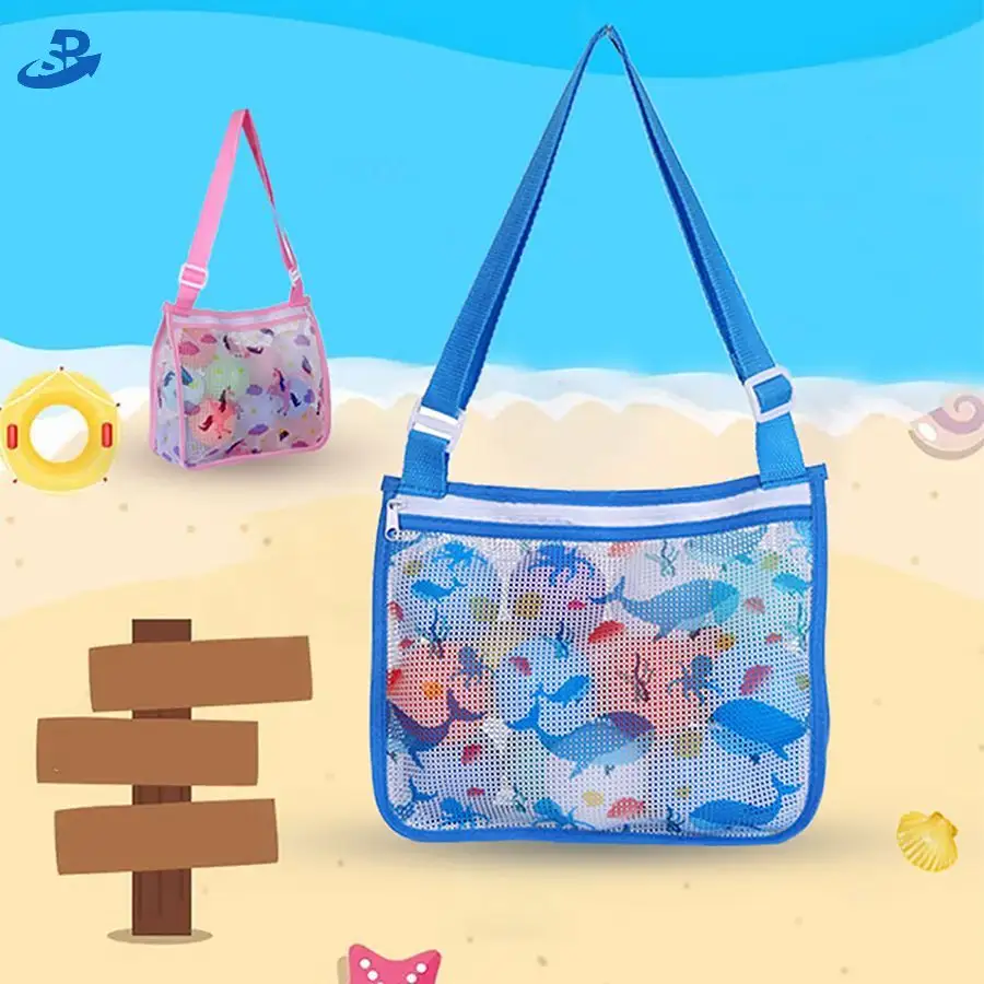 Kabuk çanta hafif file plaj çantası katlanabilir ayarlanabilir kayış naylon karikatür hayvan baskı deniz kabuğu çanta çocuklar için donanma