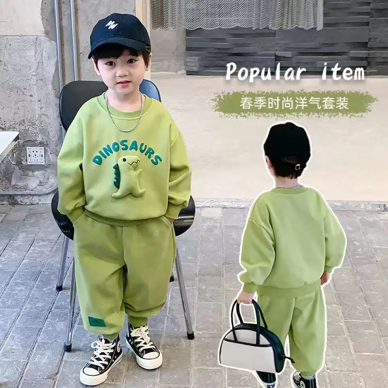 2024 new winter boys warm cartoon suit children round neck casual sports two-piece baby clothing