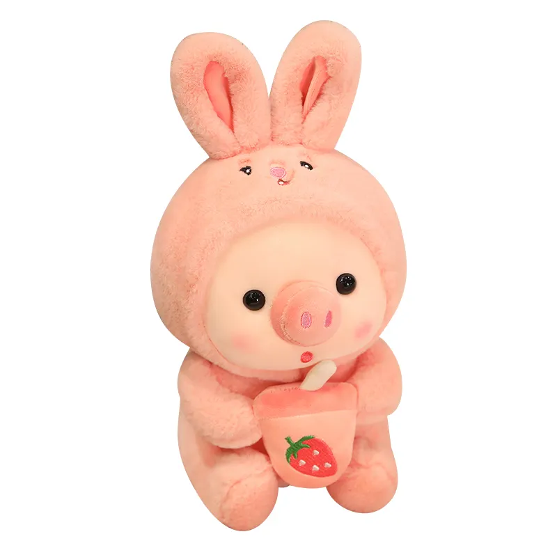 New original bubble tea pig stuffed and plush toy animal cute and soft pig holding bubble milk tea