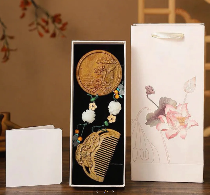 Lotus Scented Wooden Comb + Lotus Leaf Wooden Mirror