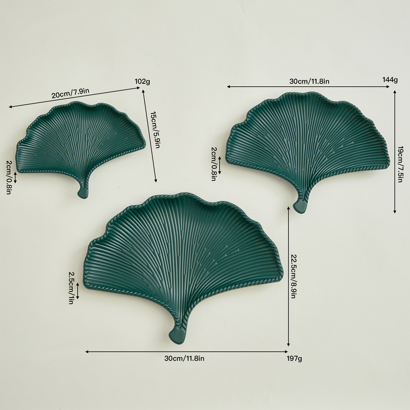 Ginkgo leaf tray set of three - dark green