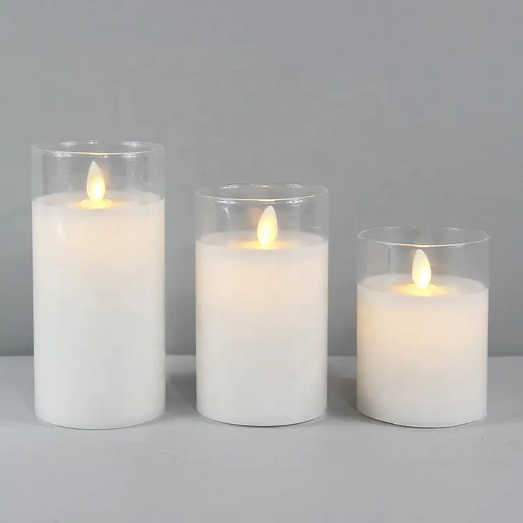 Set decorativo per matrimonio di 3 candele a LED senza fiamma in vetro trasparente elettrico a batteria con cera reale a colonna bianca con fiamma mobile