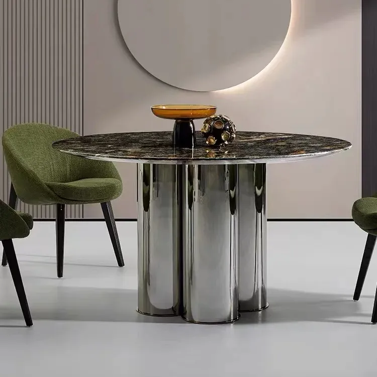 イタリアンラグジュアリーモダンスタイル木製大理石テーブルと椅子セット8/10人用ステンレススチールキッチンダイニングルーム家具