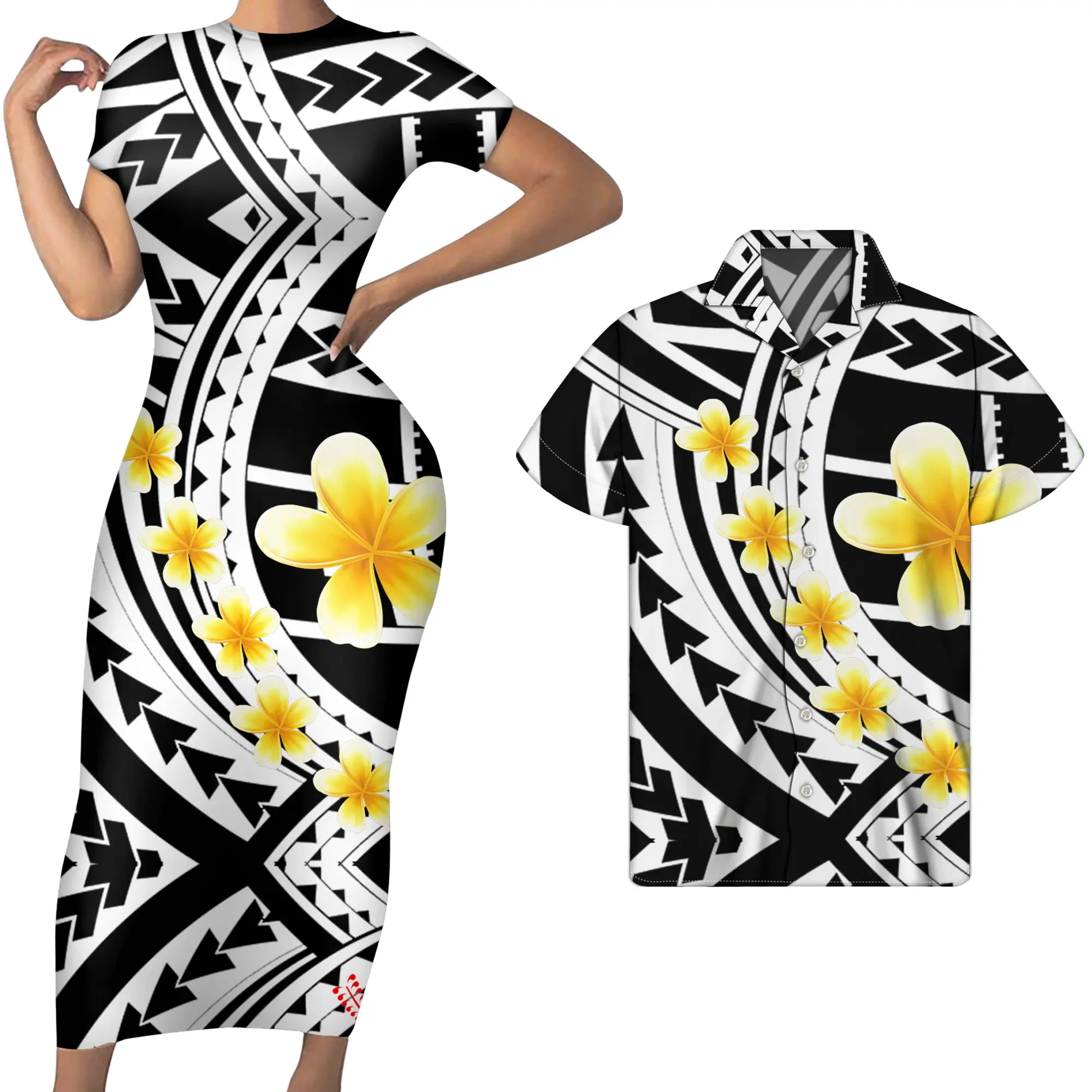 Black White Original Polynesian Tribal Plumeria Printed Short Sleeve Women Bodycon Dress Match Men Shirts Fashion Couple Clothes