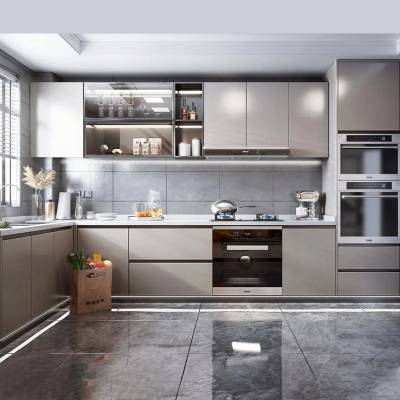 Armários de cozinha acrílico de melamina, design moderno, tamanho personalizado, armários de cozinha e partículas, placas de cozinha, móveis