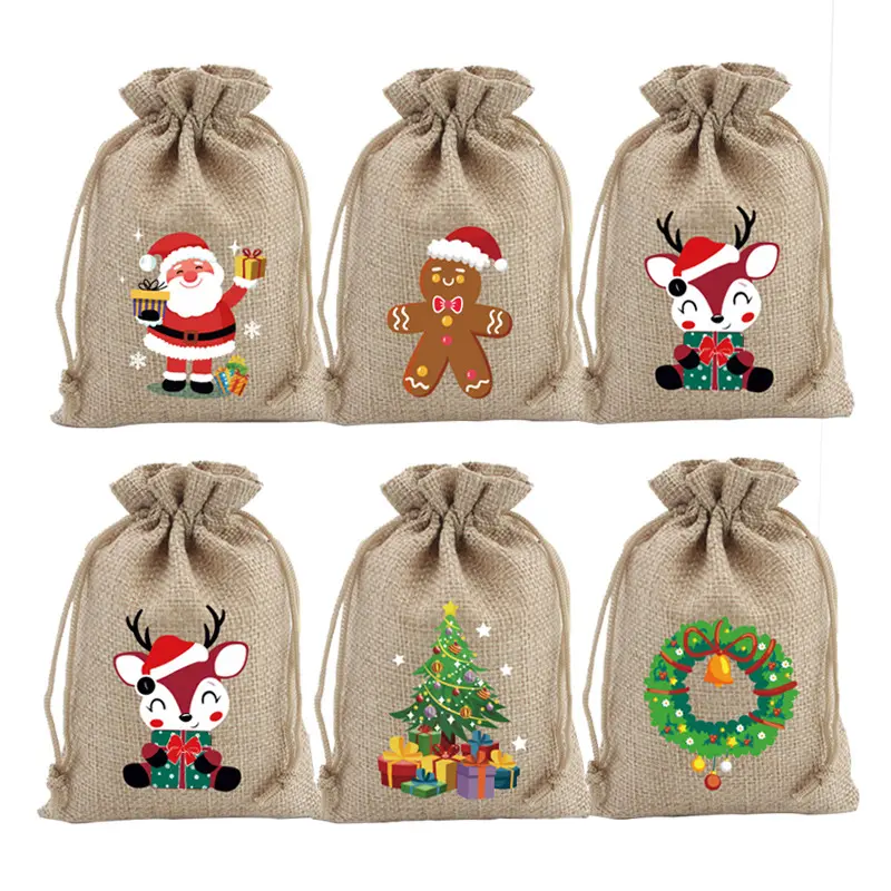 13x18cm sacs de noël en lin avec cordons sacs cadeaux en toile de Jute sacs de bonbons pour cadeaux de noël décorations de fête X2072