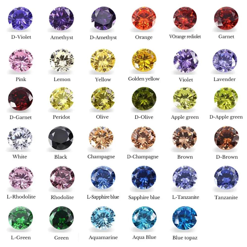 Wuzhou Gems fabricante al por mayor 48 colores gráfico 5A 3A AAA CZ Zircon Cubic Zirconia Stone