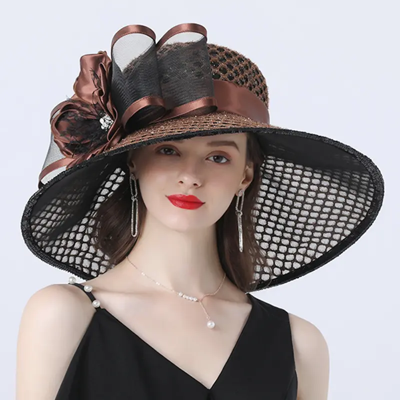 Sıcak satış özelleştirme bayan şapkaları kilise siyah hasır güneş yaz fedora şapka özelleştirmek kadınlar için geniş