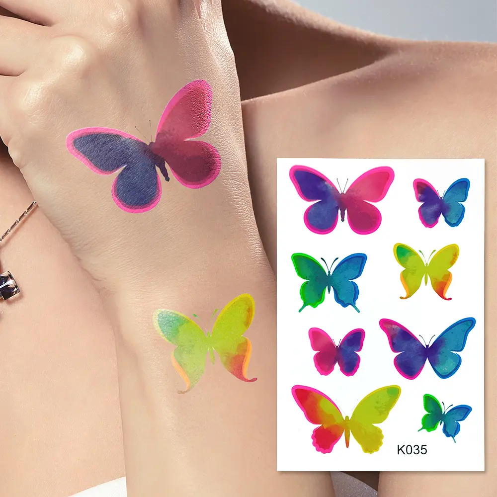 Stiker tato tahan air, stiker tato temporer warna kupu-kupu perempuan lucu seni tubuh