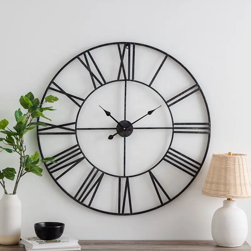 Reloj de pared decorativo de Metal clásico para sala de estar de 24 pulgadas/60cm al por mayor, Relojes de pared geométricos de Metal con números romanos para oficina