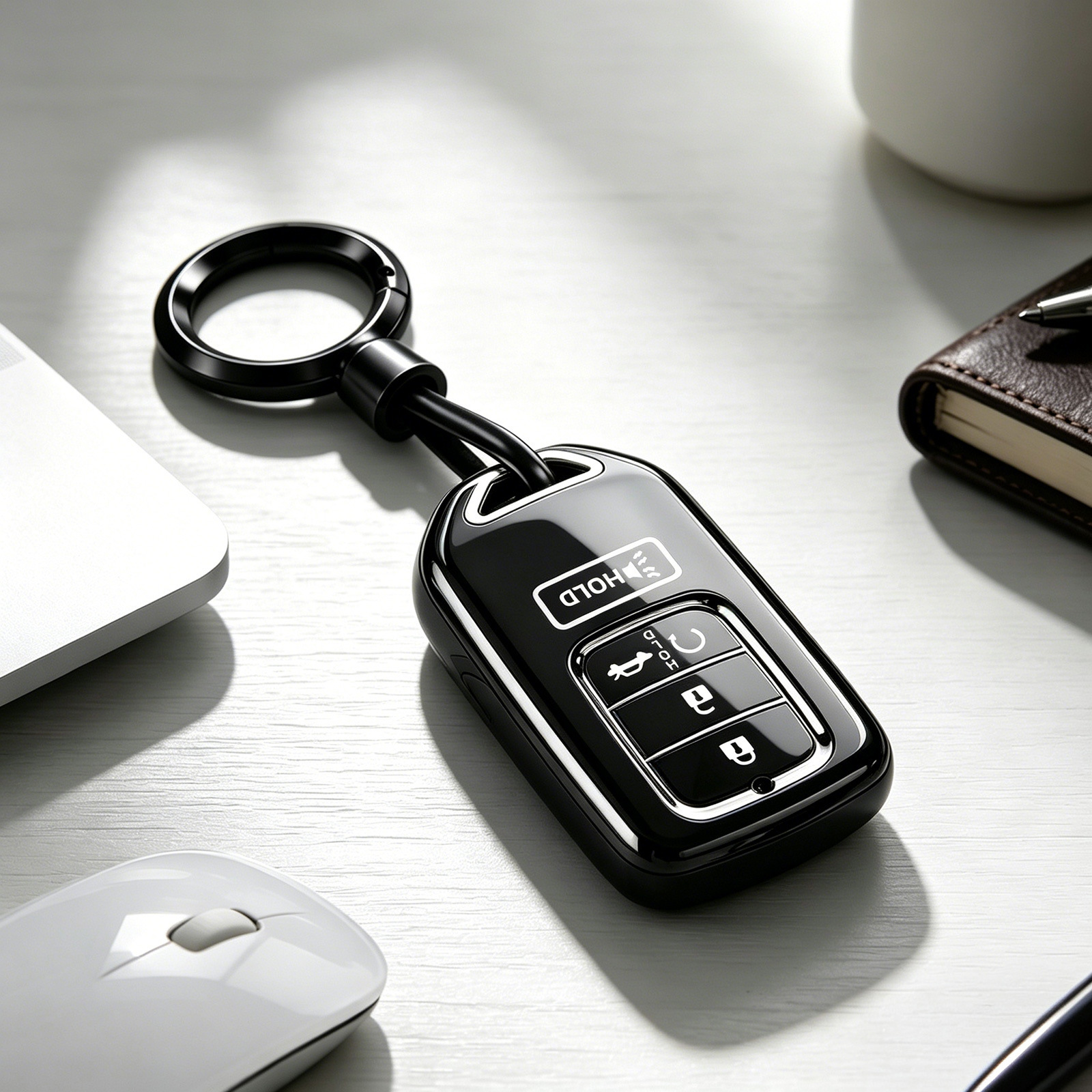 Model a-5-button key fob-black body-silver trim-convenient clip