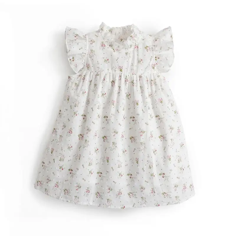 2024 yürümeye başlayan kız yaz elbisesi çocuk beyaz çiçek Frocks Ruffles yaka kol toptan giysi