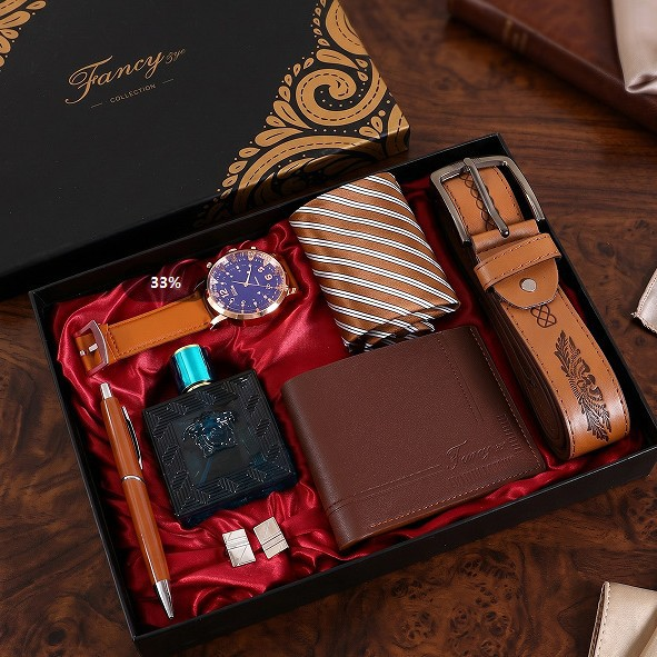 7-Pcs Brown(Watch+Belt+Wallet+50ml Perfume+Pen+Keychain+Box)