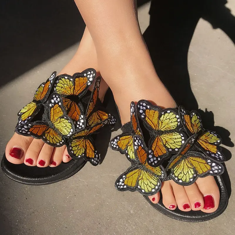 2022 Hot Sale Women's Butterfly Slides Shoes Colorful Embroidery Bowknot Outdoor Flip-Flop Hard-Wearing Comfortable Soft Slipper