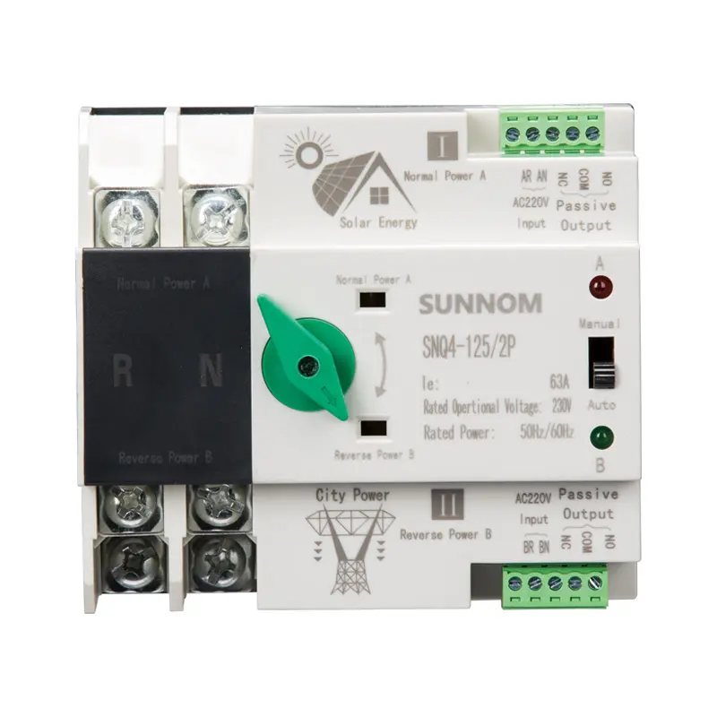 SUNNOM Din Rail 2P 40A 63A 125A 230V fotovoltaico PV solar dc ats interruttore di trasferimento automatico a doppia alimentazione per sistema di energia solare