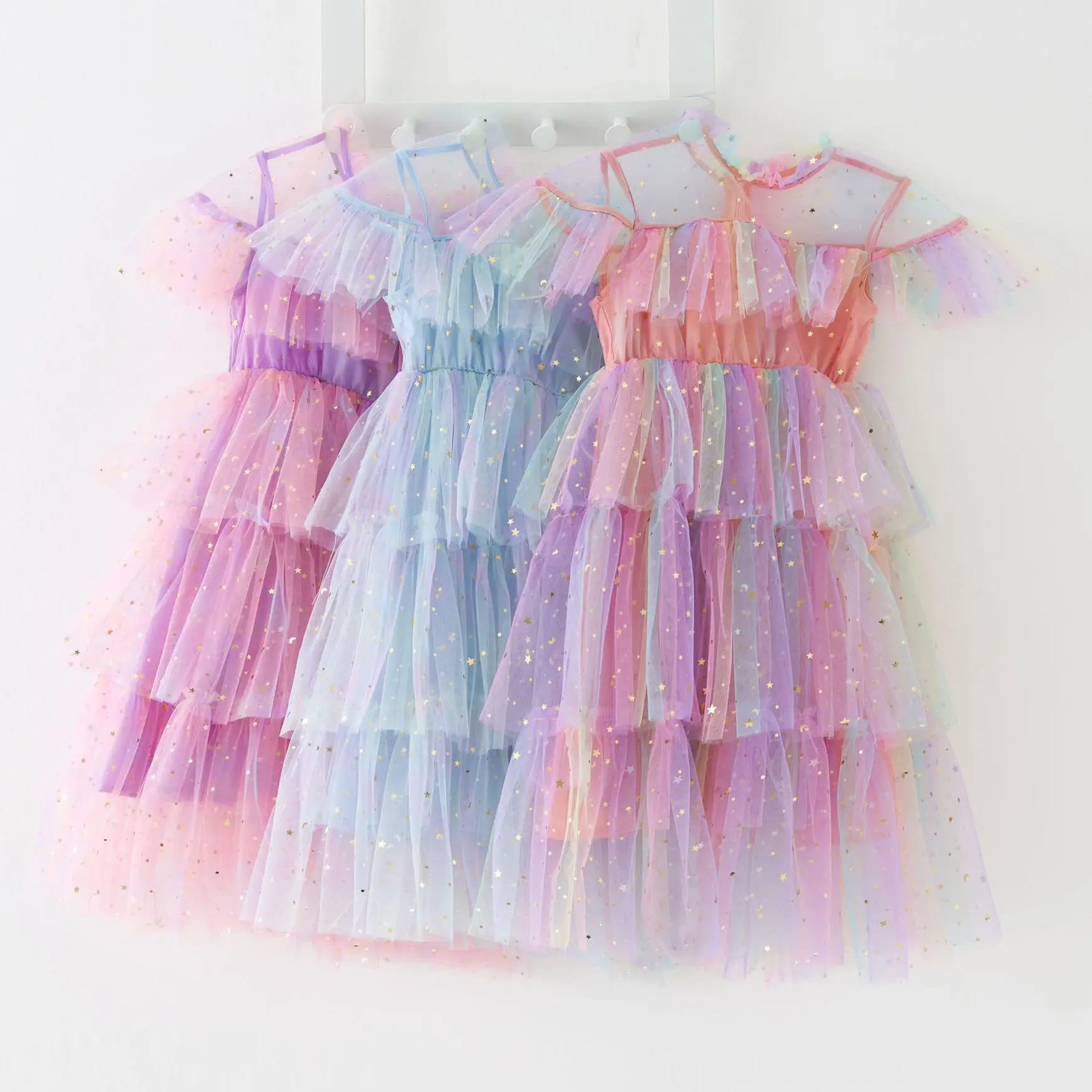 Little Girl Tutu Dress Tulle Ruffles Baby Flower Dress Rainbow Sequin Stars Layered Princess Cake Dresses M3645