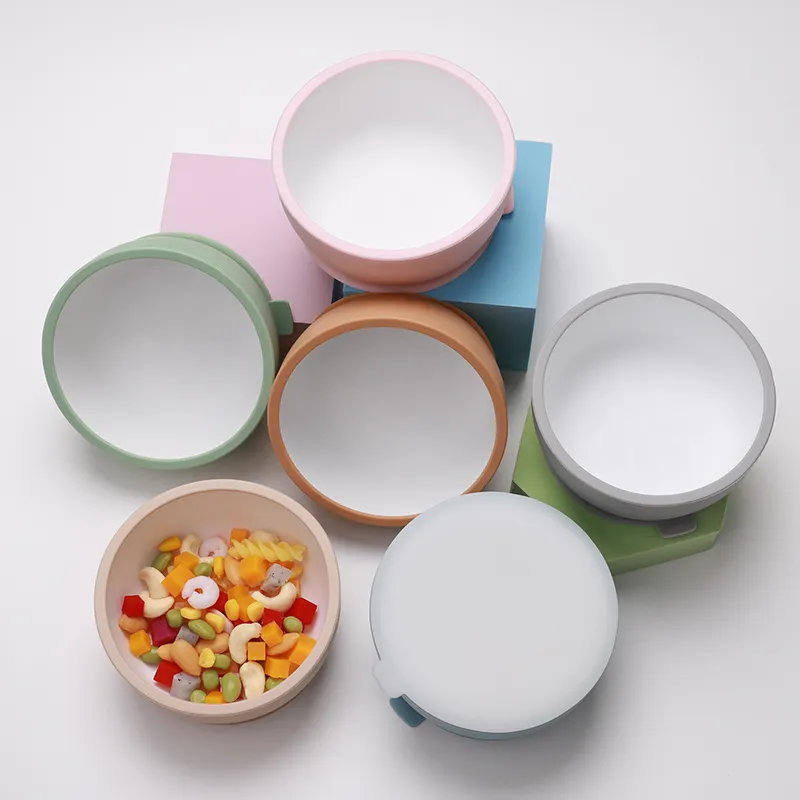 Bols d'alimentation ronds en Silicone antiadhésifs sans Bpa pour bébés, aspiration de qualité alimentaire, Double couleur pour tout-petits