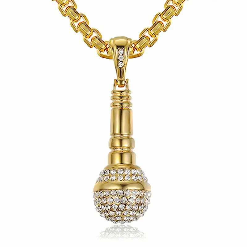 Collar con colgante de micrófono con incrustaciones de diamantes chapados en oro de aleación de Zinc de Hip Hop para mujer