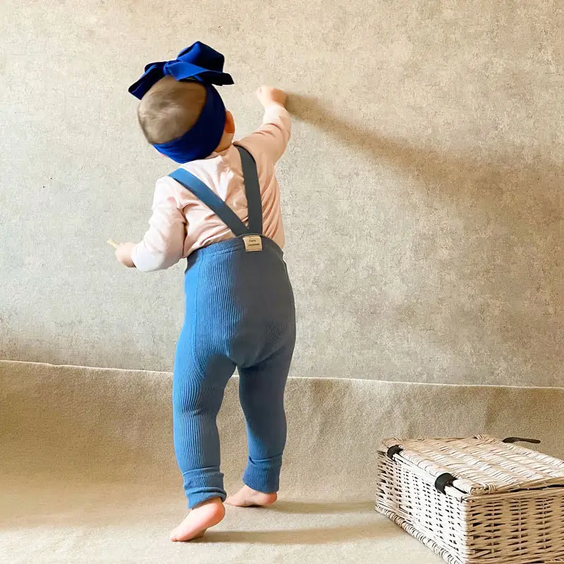 Meia calça legging de cintura alta para bebês, malha de algodão com ranhuras para crianças, suspensório sem pé