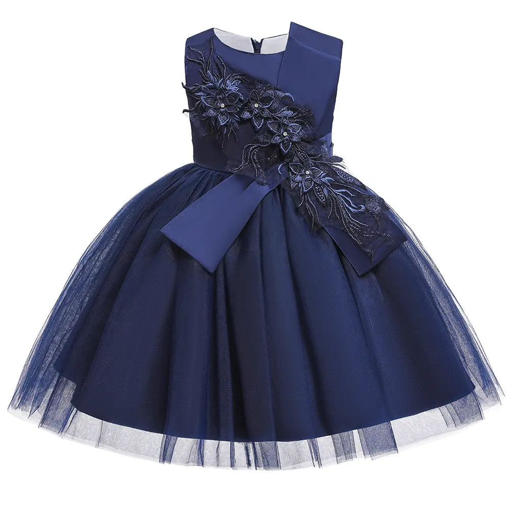 Summer Navy Blue Kids Elegant Princess Girls Dresses Wedding Evening Party Embroidery Flower Dress Clothes