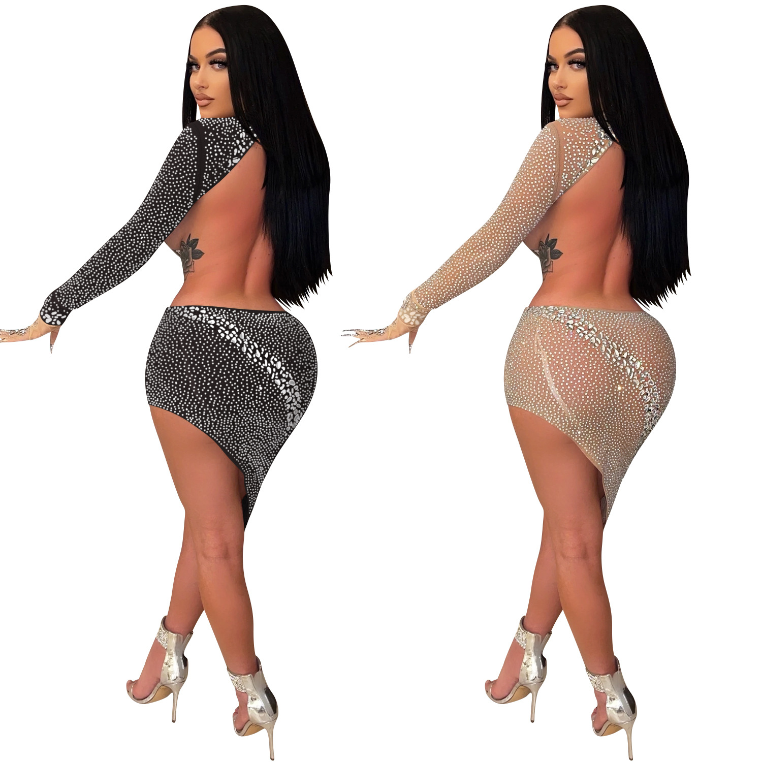 Hot Selling One Shoulder Long Sleeve Sexy Dress Summer Hollow Out Rhinestone Decoration Women Irregularity Club Dress