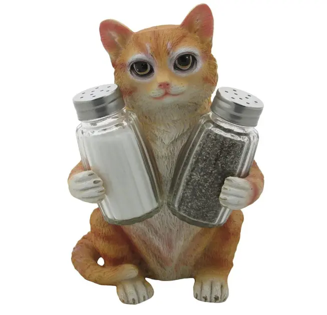 面白い猫ガラス塩 & ペッパーシェーカーセットホルダー置物付き