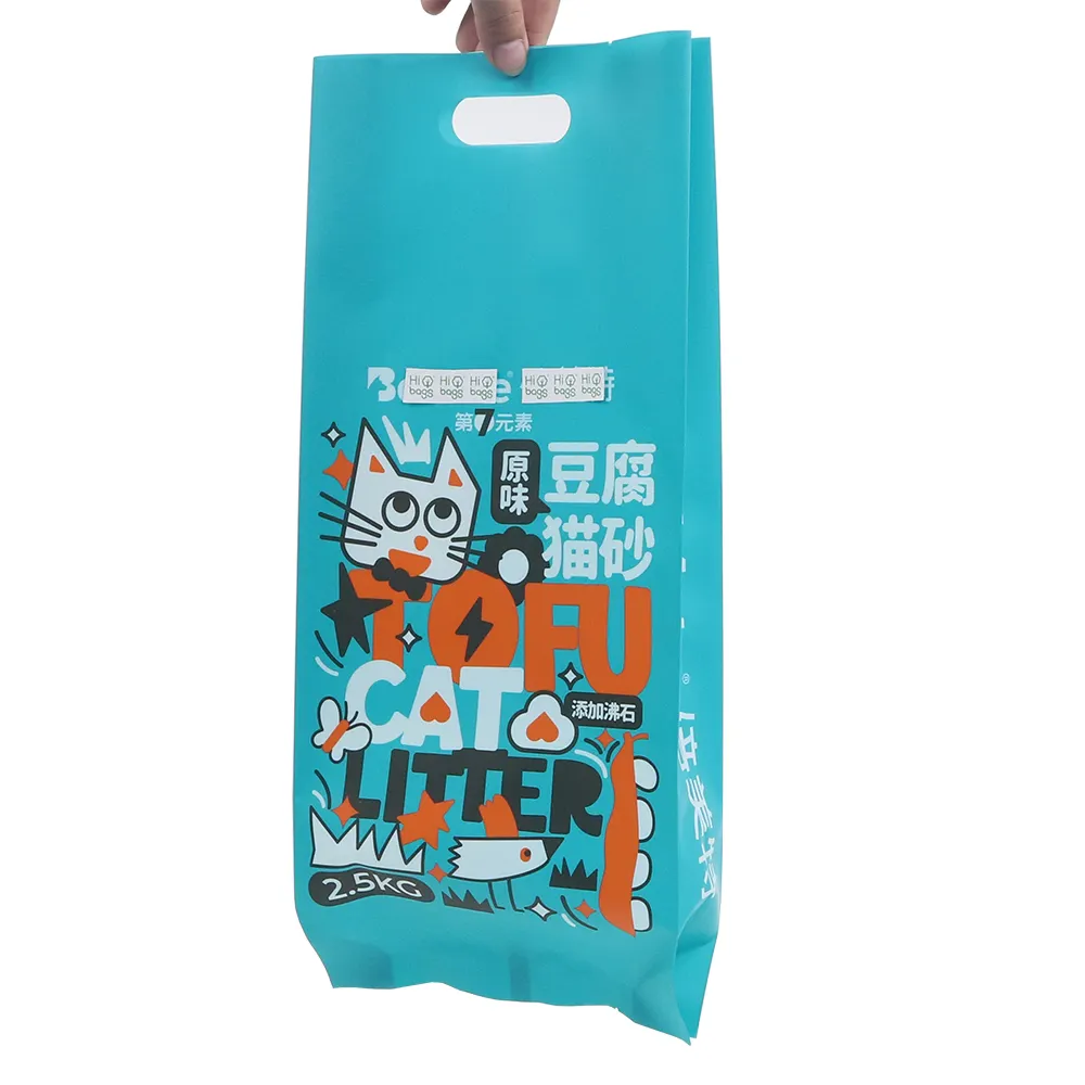 Kantong plastik Gusset vakum tahan air cetak kustom kantung kemasan tahu sampah kucing ringan marputar