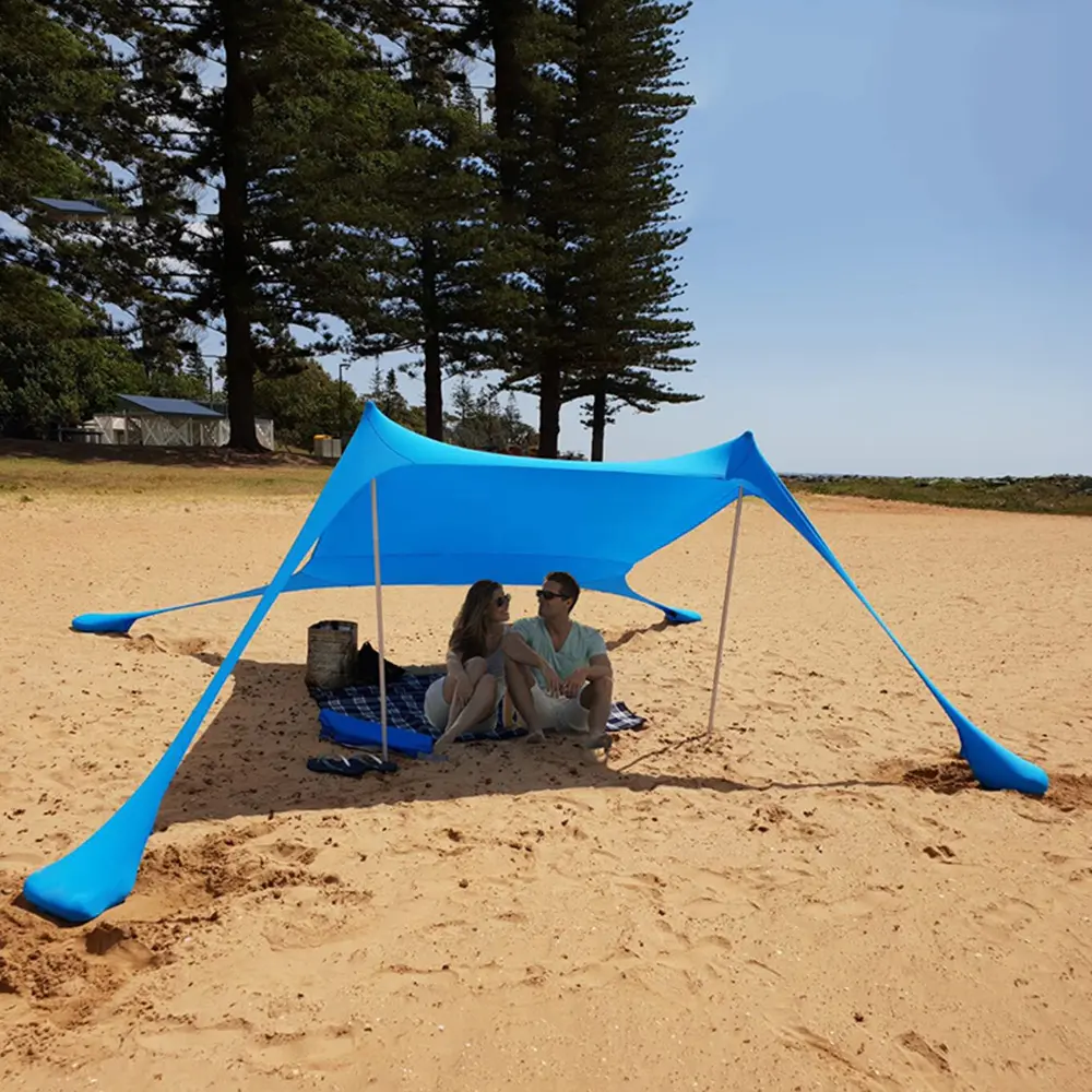 Toldo de playa de sombra al aire libre, tienda de playa, refugio solar para acampar UPF50 + con 8 sacos de arena, palas de arena, clavijas de tierra y postes de estabilidad