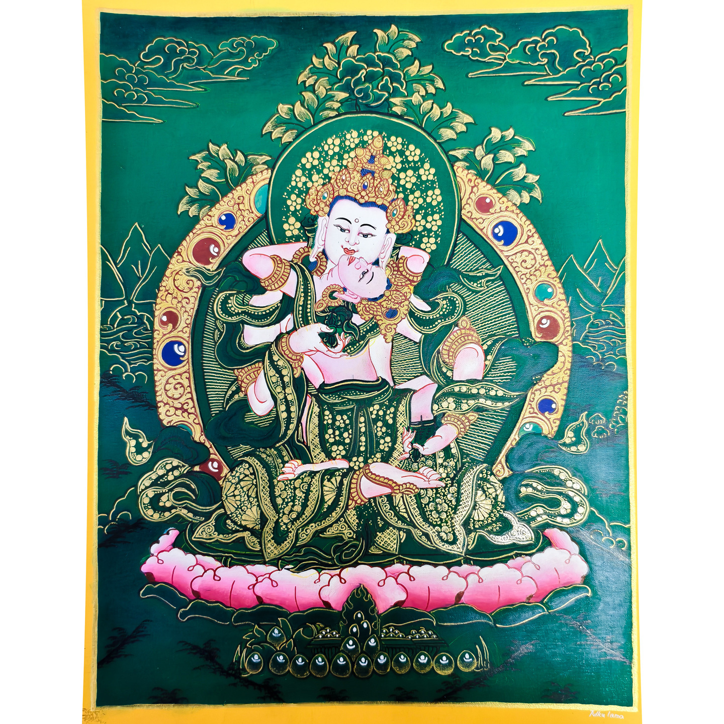 Peinture de la double déité Vajradhara Vajrasattva verte, format cœur 2316
