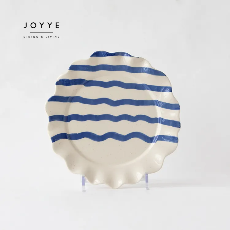 Joyye, 8,5 pulgadas, cerámica azul pintada a mano, platos de cena con ondas, juego de vajilla de gres de cerámica personalizado, platos de cena