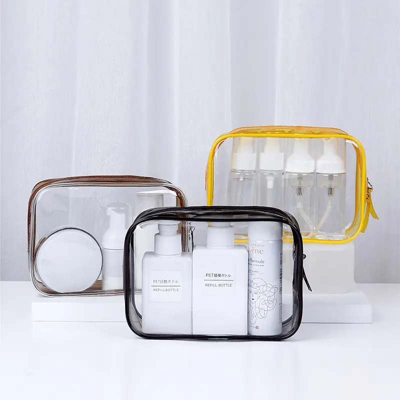 Bolsa de lavado de maquillaje transparente al por mayor de China, bolsa de cosméticos de PVC transparente, neceser impermeable multifuncional para cosméticos