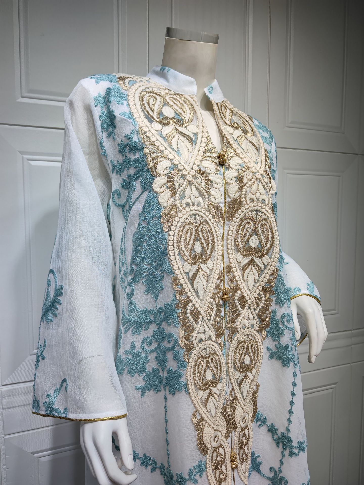 Dubai Arab Eid Al Fitr Middle East Gold Sequin Floral Embroidered Muslim Woman White Yarn Jalabiya Maxi Long Knee Length Dress