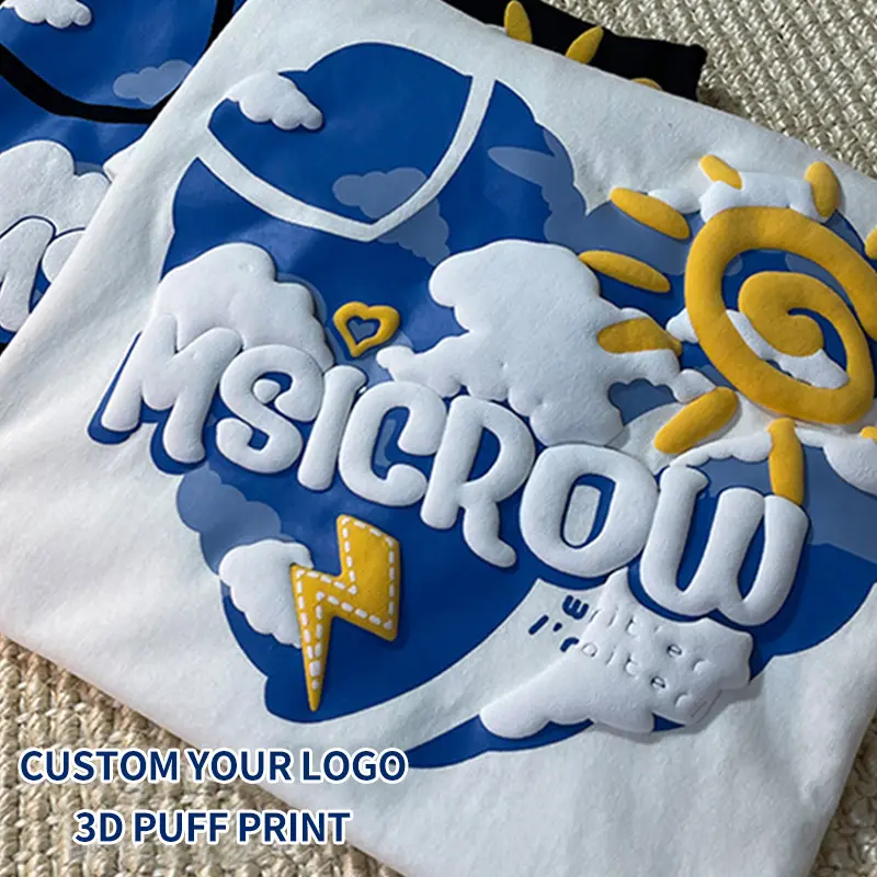 Kaus Cetak Puff 3D Desain Baru Kaus Oblong 100% Katun Kaus Oblong Cetak Puff Sablon Uniseks dengan Logo