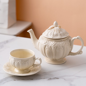 British Retro Palace Style Ceramic <strong>Coffee</strong> &amp; Tea Set Embossed European Tea Cup Water Kettle Simple Afternoon Tea Creative Design - Product Image 1