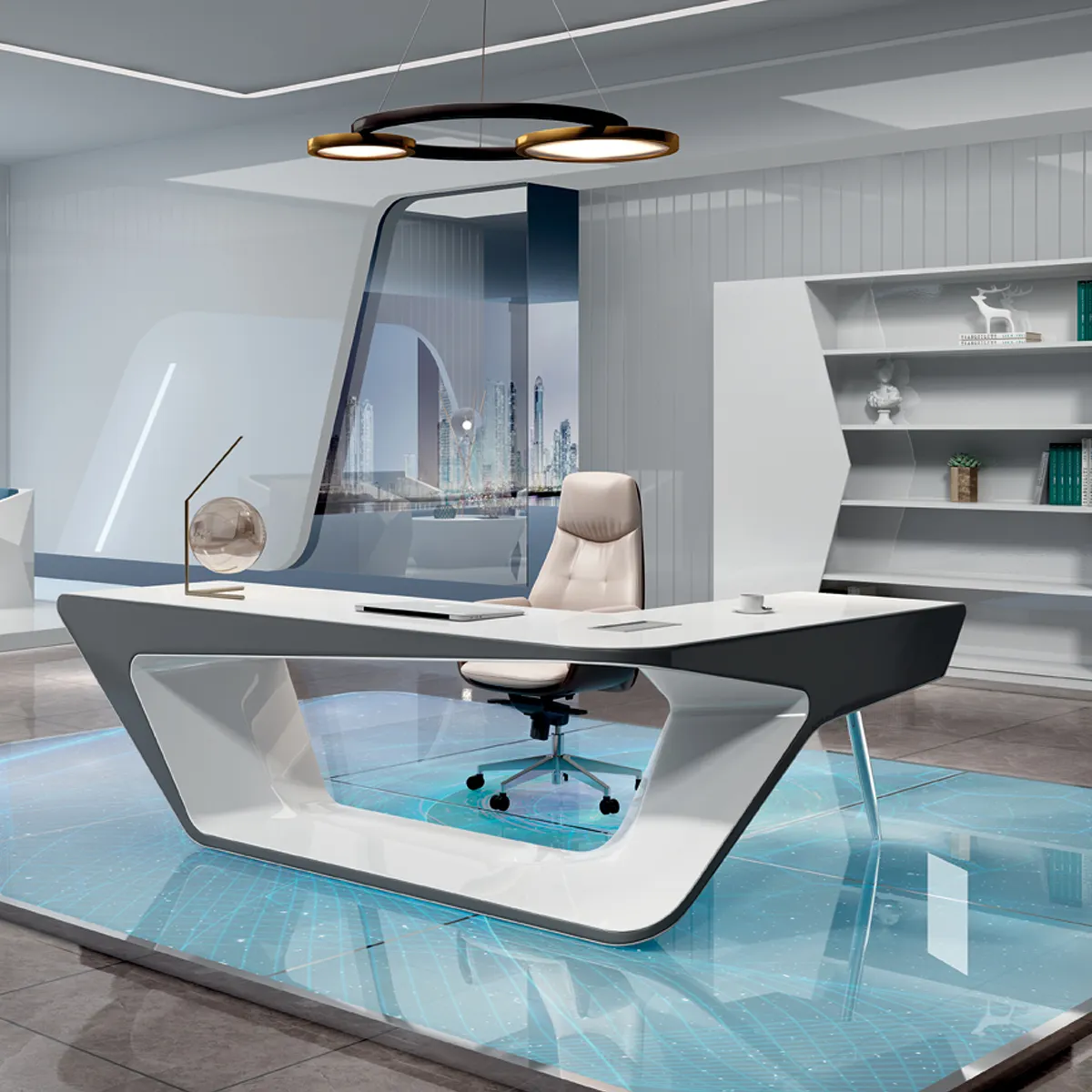 Beyaz parlak lüks L şekilli Modern mobilya ev stüdyosu çalışma akıllı kablosuz şarj yüksek teknoloji CEO patron yönetici ofis masası