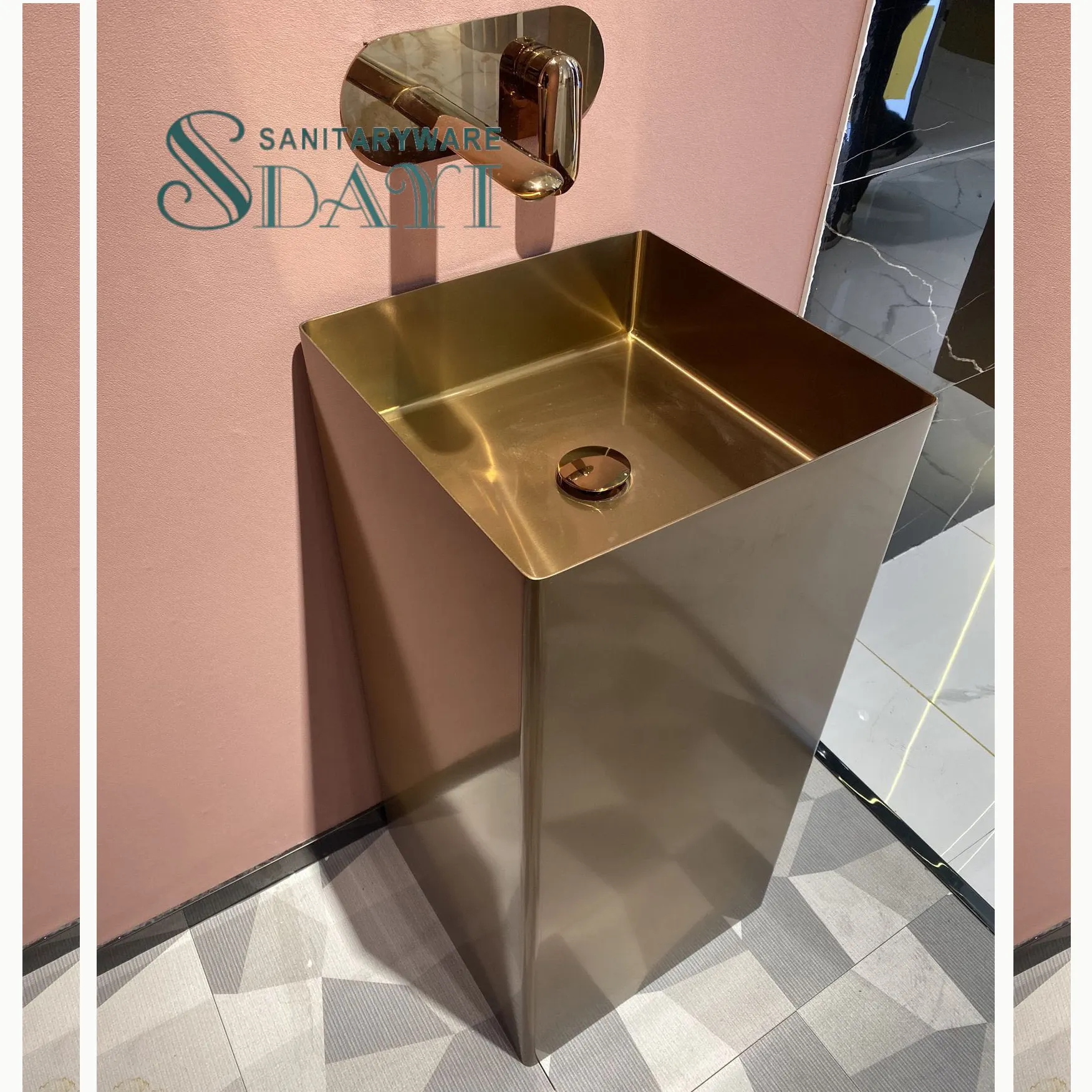 Sdayi lavatório para banheiro, console retangular de parede quadrada sus304 de aço inoxidável rosa dourado lavatório para banheiro
