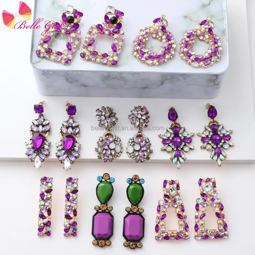 BELLEWORLD femmes luxe goutte boucle d'oreille accessoires de fête bijoux élégant plein diamant cristal violet strass déclaration boucles d'oreilles