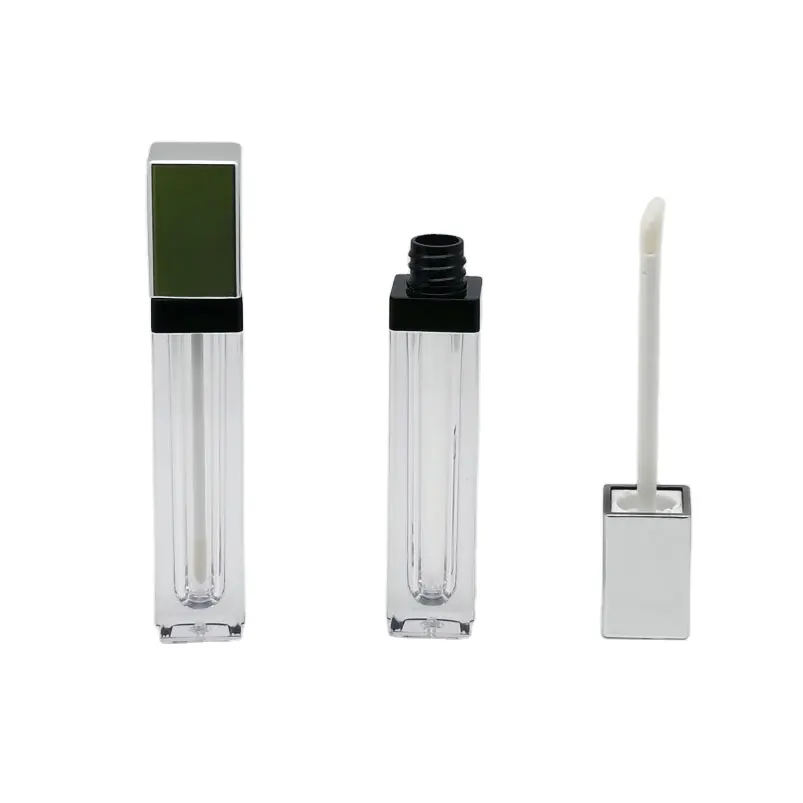 7Ml Vierkante Custom Logo Zwart Lipgloss Fles Container Custom Logo Zilver Goud Lipgloss Buis Met Led Licht En Spiegel