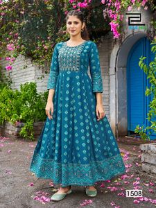 新系列人造丝Anarkali礼服，颈部刺绣，为女性准备批量制作Anarkali Salwar <span class=keywords><strong>Kameez</strong></span>