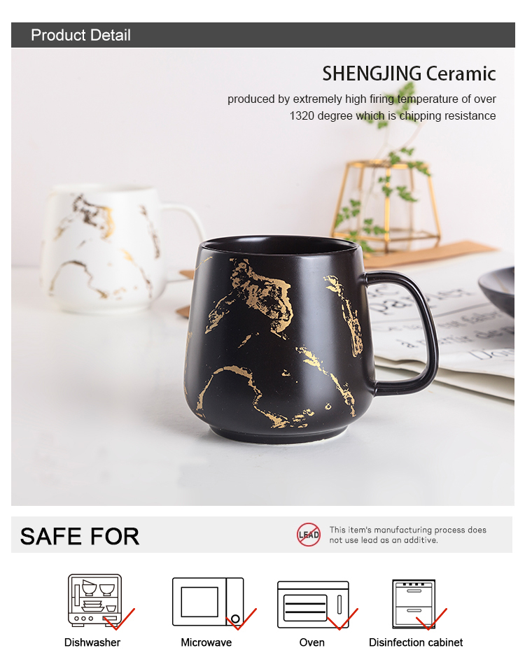Custom Logo Print Eco-Friendly Porcelain Matte White Marble Gold Mug
