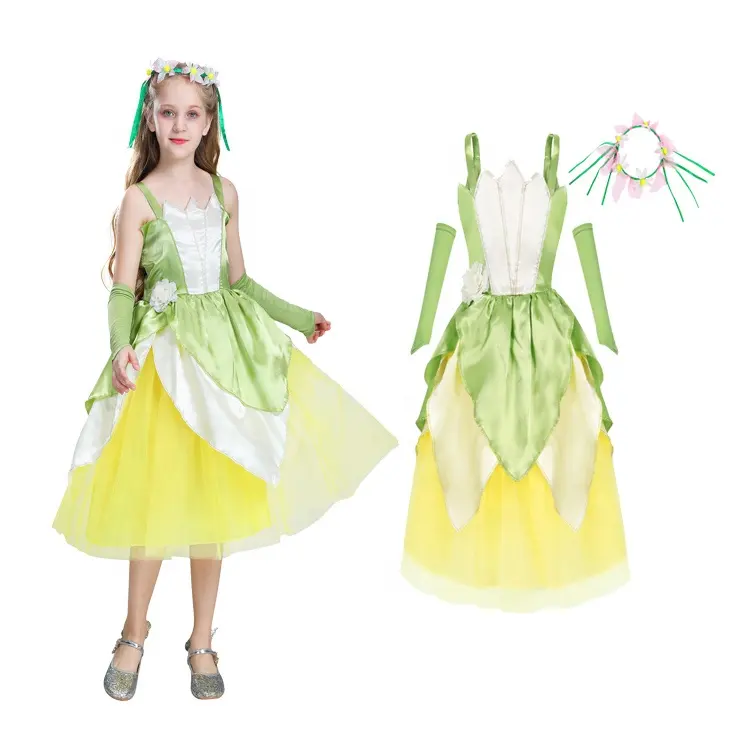 Vestido de princesa de rana de Hada Verde para niñas, vestidos de fantasía para fiesta de cumpleaños, disfraz de elfo de Halloween, trajes con mangas