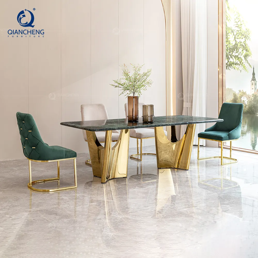 QIANCHENG, nuevos diseños, juego de comedor de lujo, mesas de comedor de mármol verde real natural, muebles ligeros de acero inoxidable de lujo para el hogar