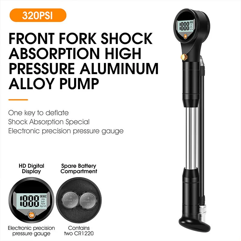 Front Fork Pump Digital Gauge Pressure Gauge Hand Air Pump Mini Inflator High-Pressure Mini Portable Electric Bicycle Pump