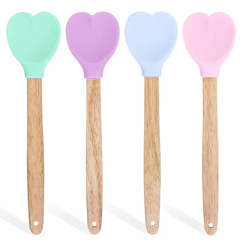 W44 Nonstick Heat Resistant Scraping Cooking Baking Wooden Silicone Heart Spatula Spoon for Kitchen Baking Tools