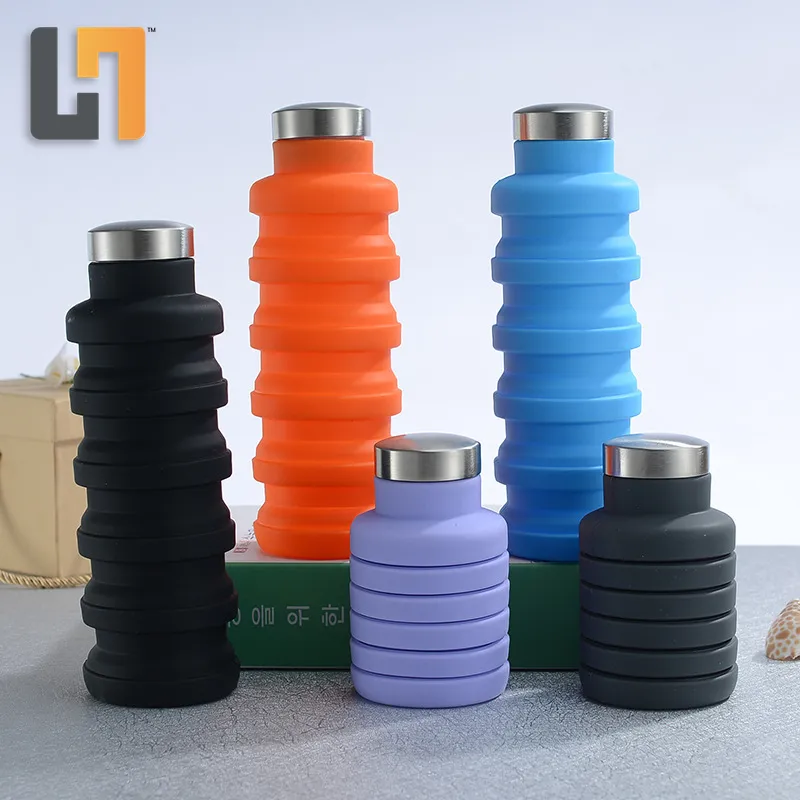 Botella de agua plegable de silicona para deportes, 20 onzas, sin BPA, portátil, para acampar con Carabin