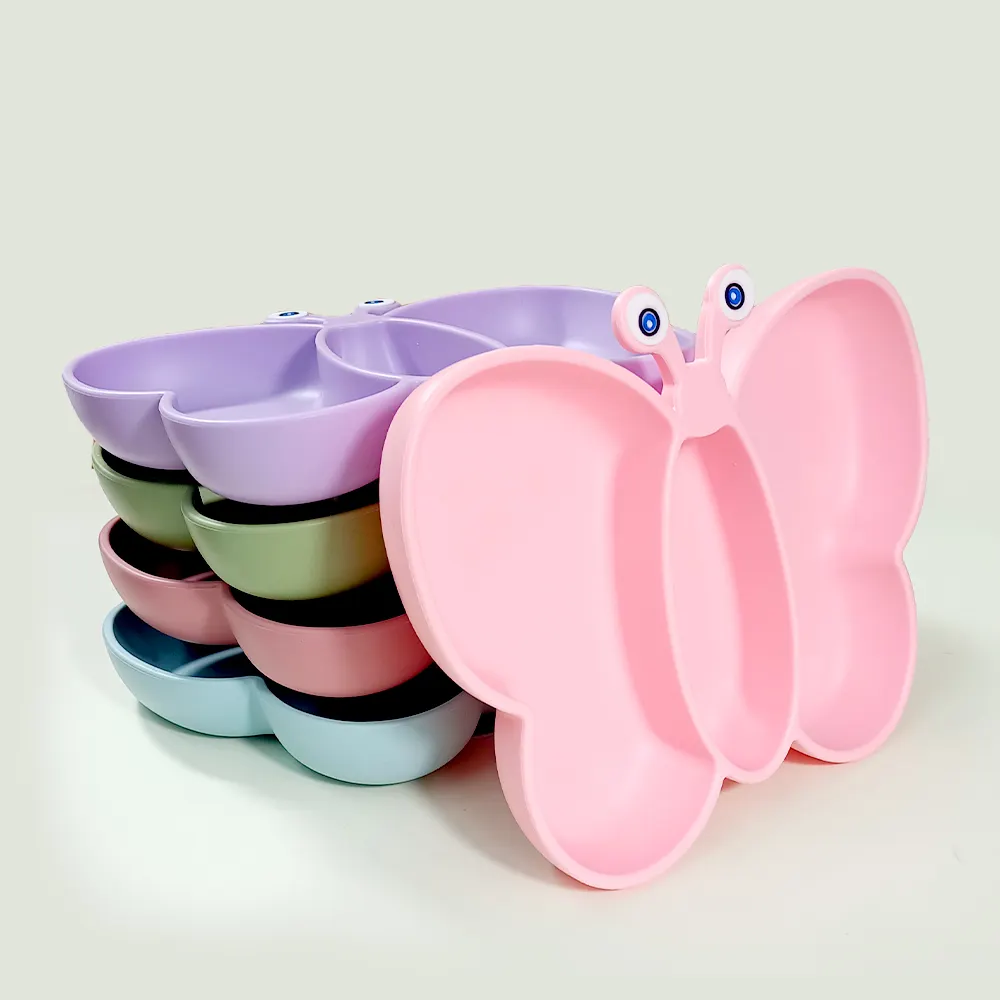 Customized Colors Feeding Divider Butterfly Shape Kids Food Dinner Set Baby Suction Silicone Plate
