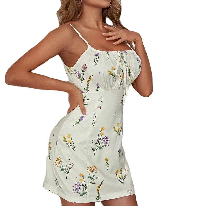 Großhandel Frauen High Waist Floral Beach wear Open Back Hosenträger Strand kleid Damen Robe Plage Blanc